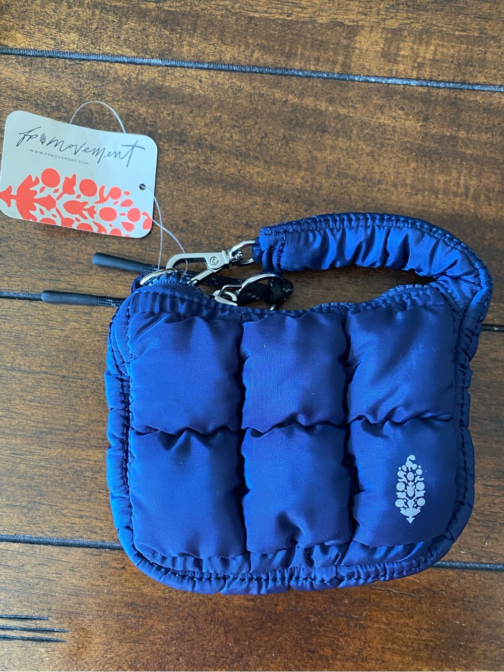 Free People Movement Quilted Micro Pouch Wristlet Bag navy blue Logo Puffer